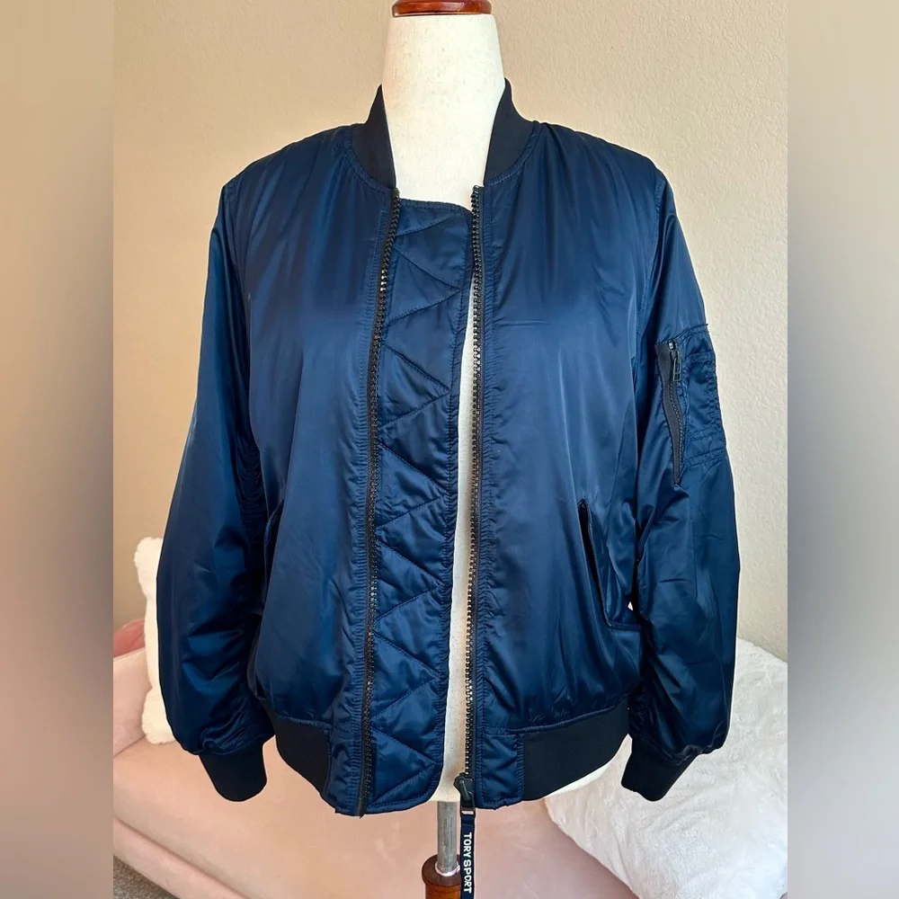 Tory Burch Bomber Jacket Deep Blue Sheen Tory Sport Zipper Pull Oversized Sz XS